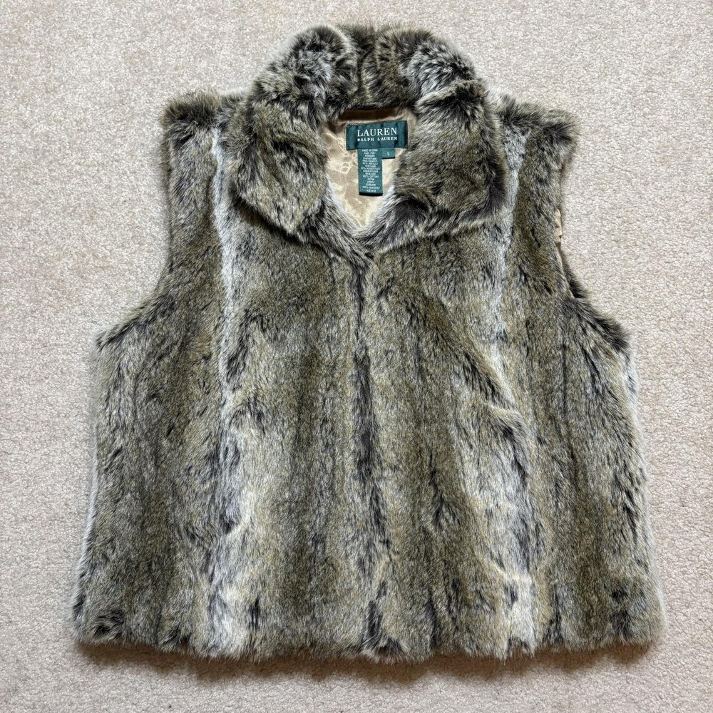 Vtg Lauren‎ Ralph Lauren Vest Womens Large Faux Fur Lined Collared Hook Eye Chic